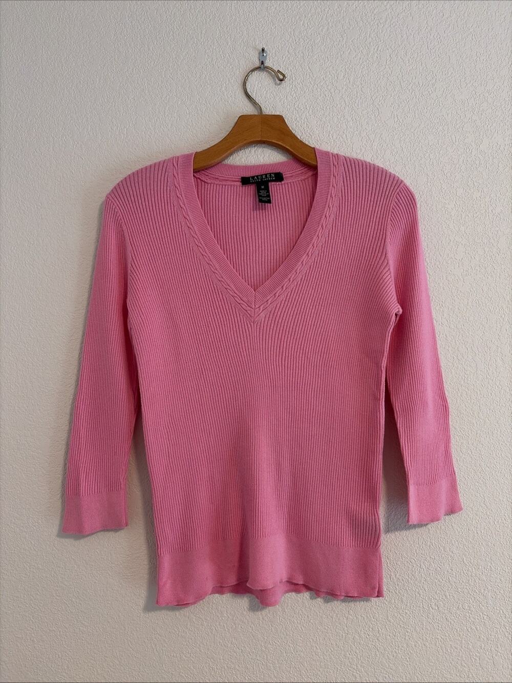 Ralph Lauren Womens Pink Cotton V-Neck Sweater Pullover Size M Green Label